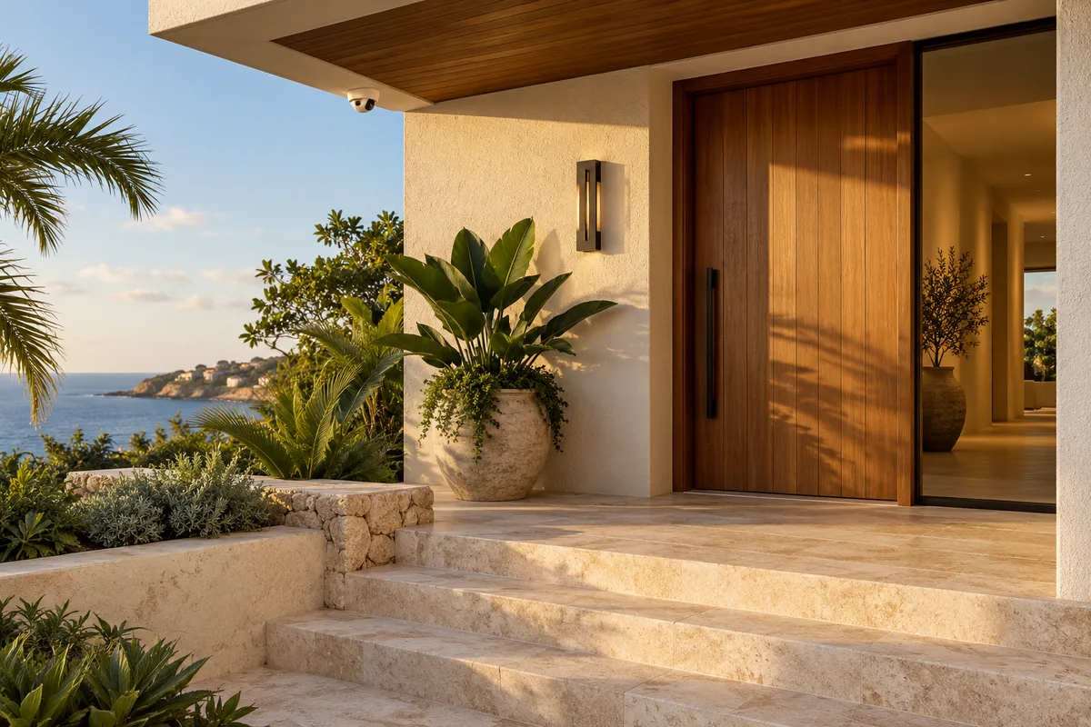 A quiet home entrance with warm stone and a security camera